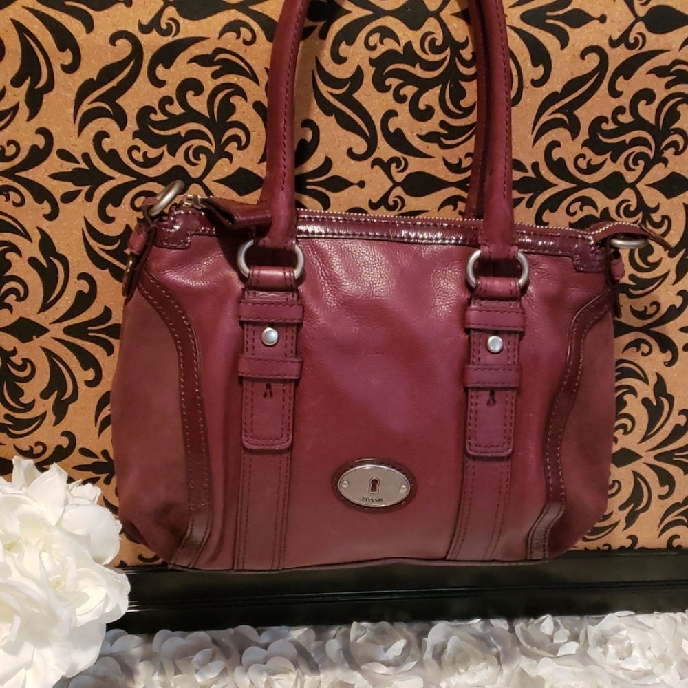 FOSSIL GORGEOUS BURGUNDY LEATHER/SUEDE SATCHEL